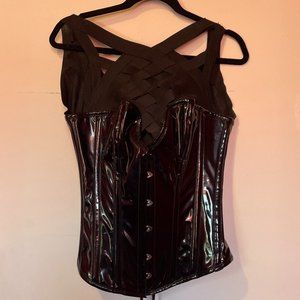 Black pleather corset with woven elastic strap detail
